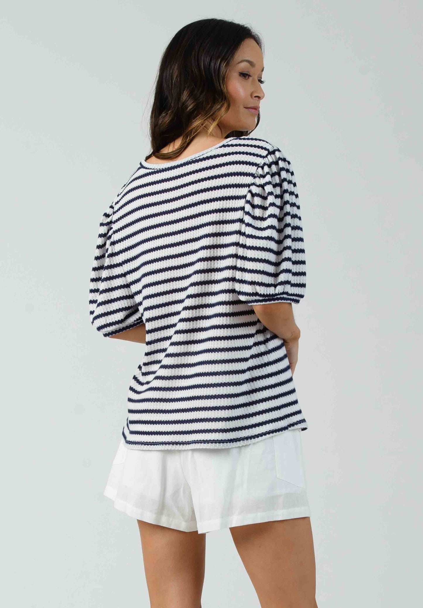 ESME PUFF SLEEVE TEE-NAVY STRIPE