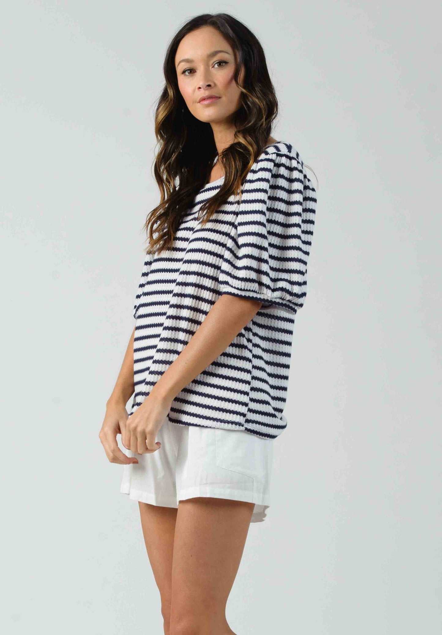 ESME PUFF SLEEVE TEE-NAVY STRIPE