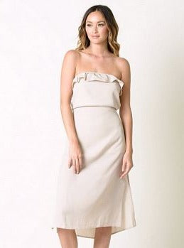 lucille strapless maxi dress Solace London Lucille Strapless Peplum Maxi Dress | Brown