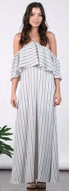 HIGH NECK OVERLAY MAXI DRESS-BW STRIPE