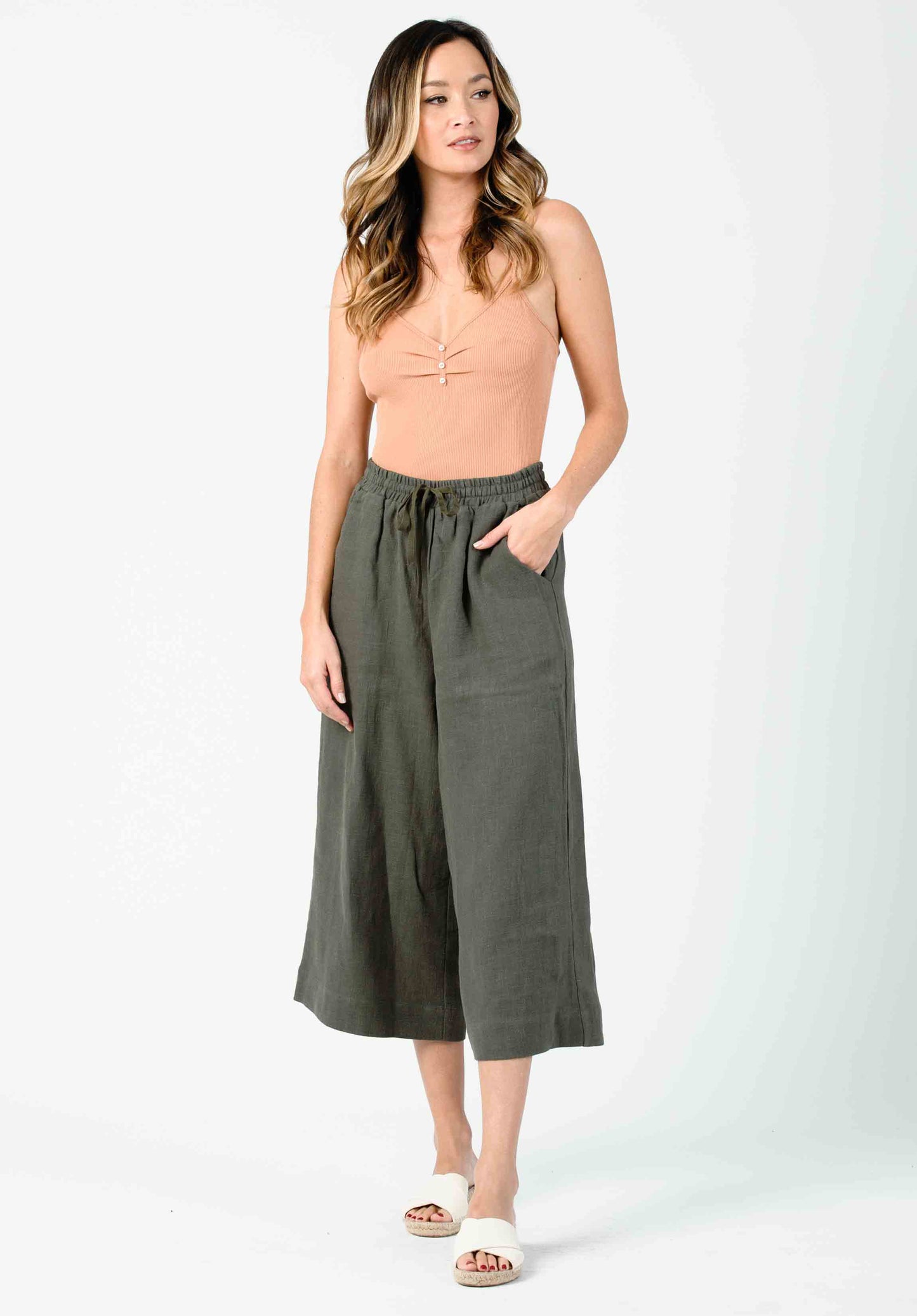 FRIDA ELASTIC WAIST PANT-GREEN LINEN