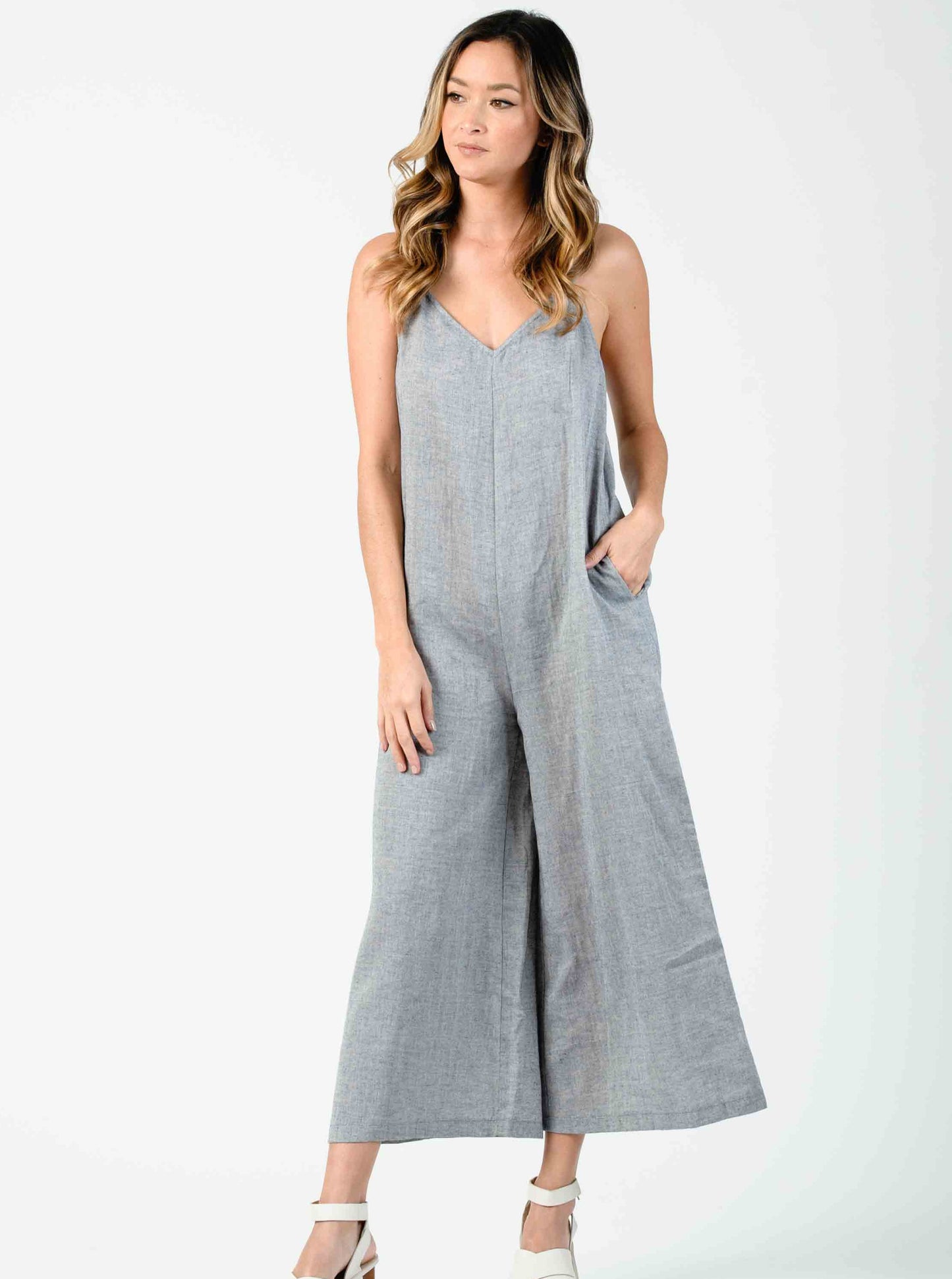 FAITH V-NECK RACER BACK JUMPSUIT-NAVY GAUZE