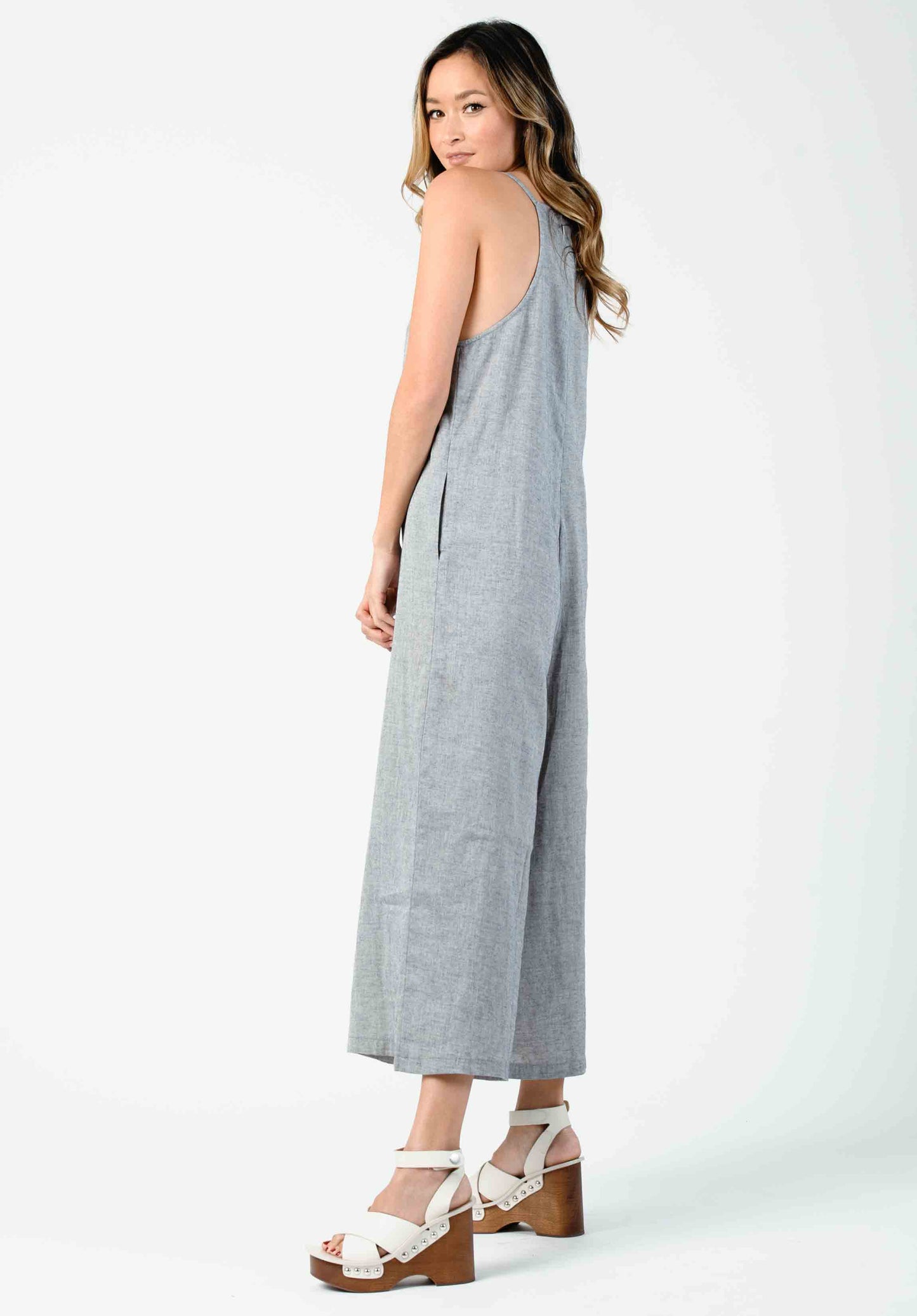 FAITH V-NECK RACER BACK JUMPSUIT-NAVY GAUZE