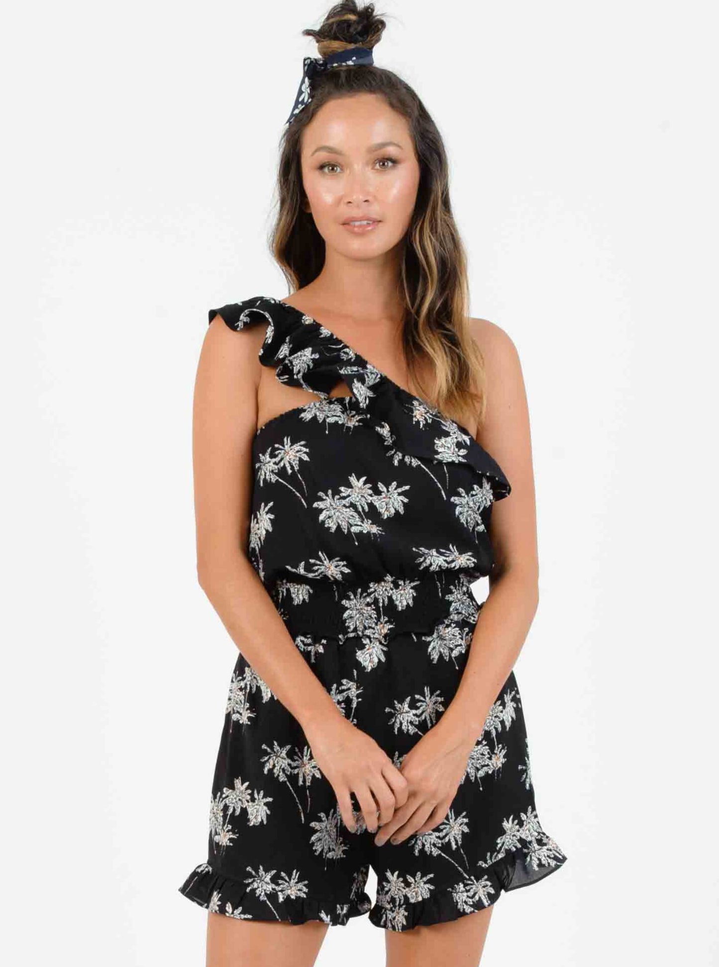 JOEY ONE SHOULDER RUFFLE ROMPER-BLACK PALM