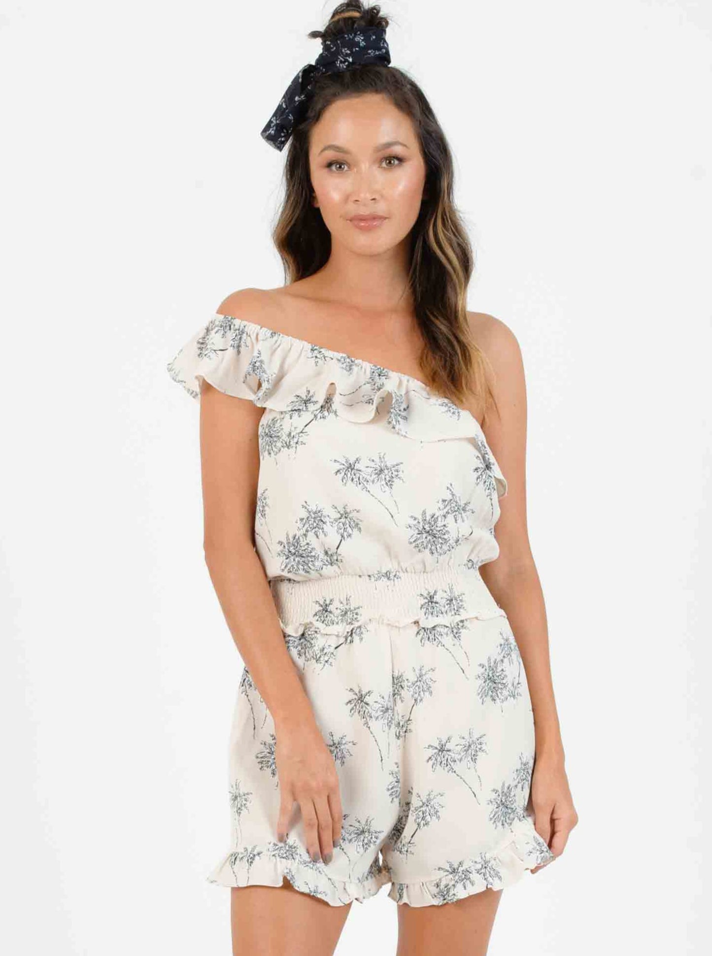 JOEY ONE SHOULDER RUFFLE ROMPER-SANDY PALM