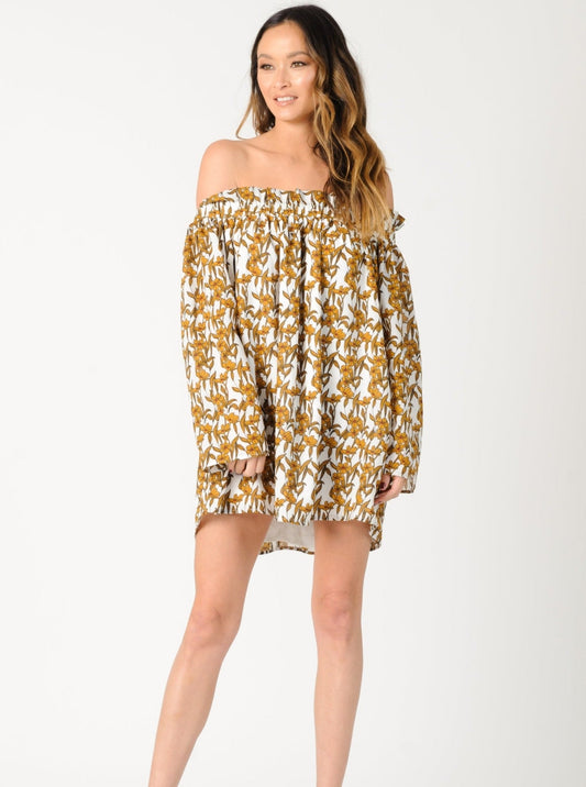 KATE RUFFLE DRESS-WHITE MUSTARD