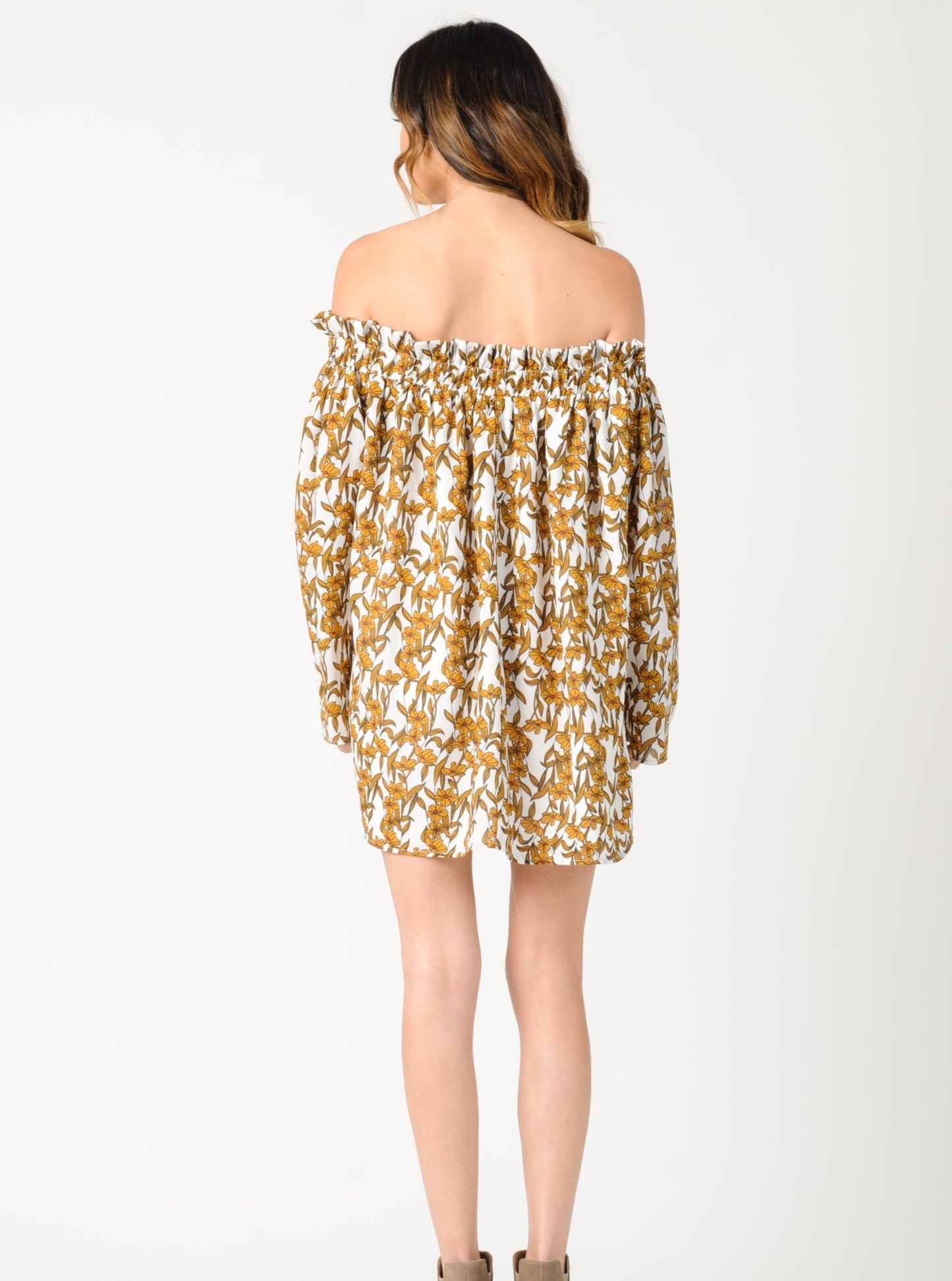 KATE RUFFLE DRESS-WHITE MUSTARD