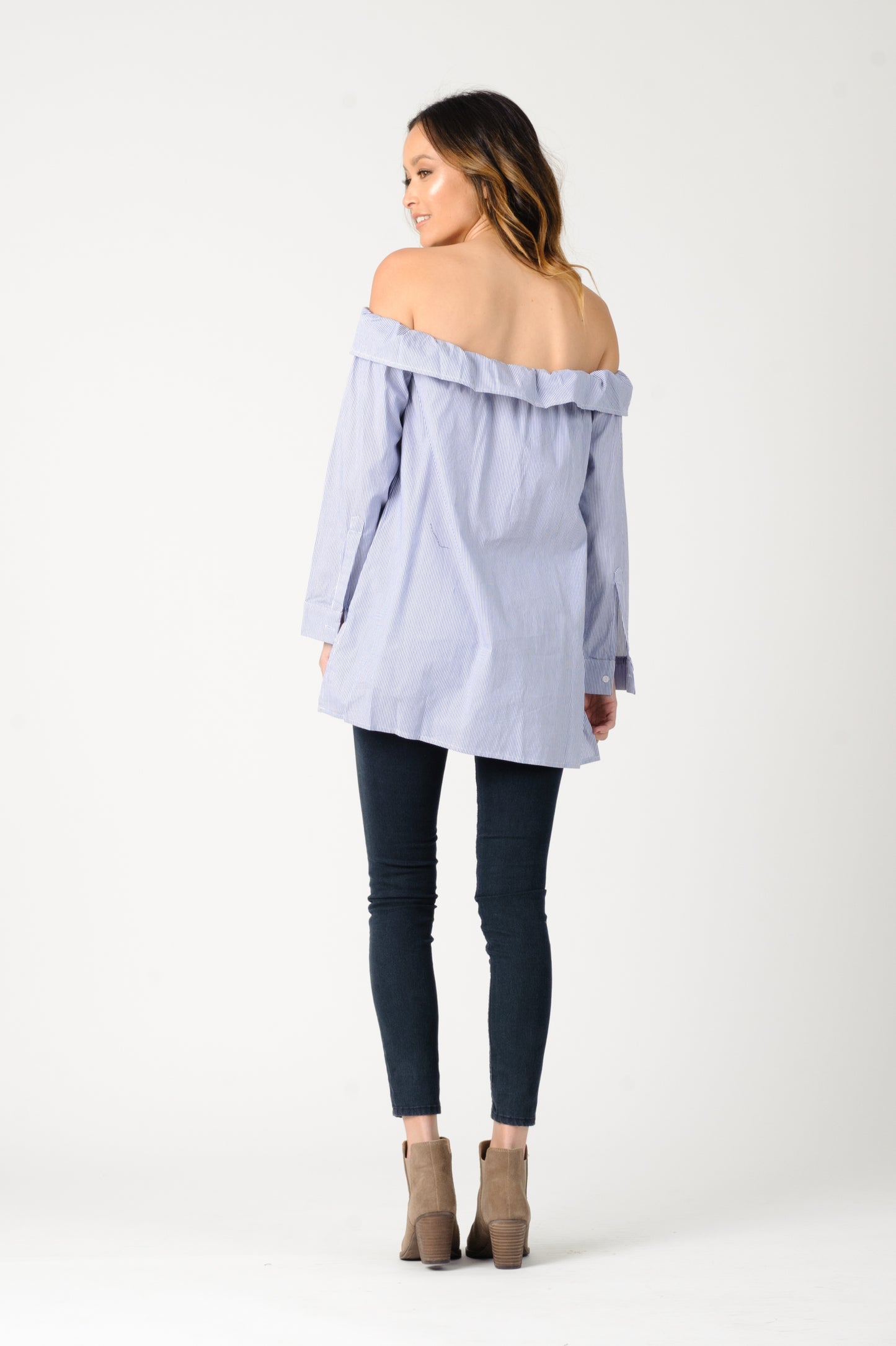 CHARLOTTE OFF SHOULDER TOP-BLUE WHITE STRIPE