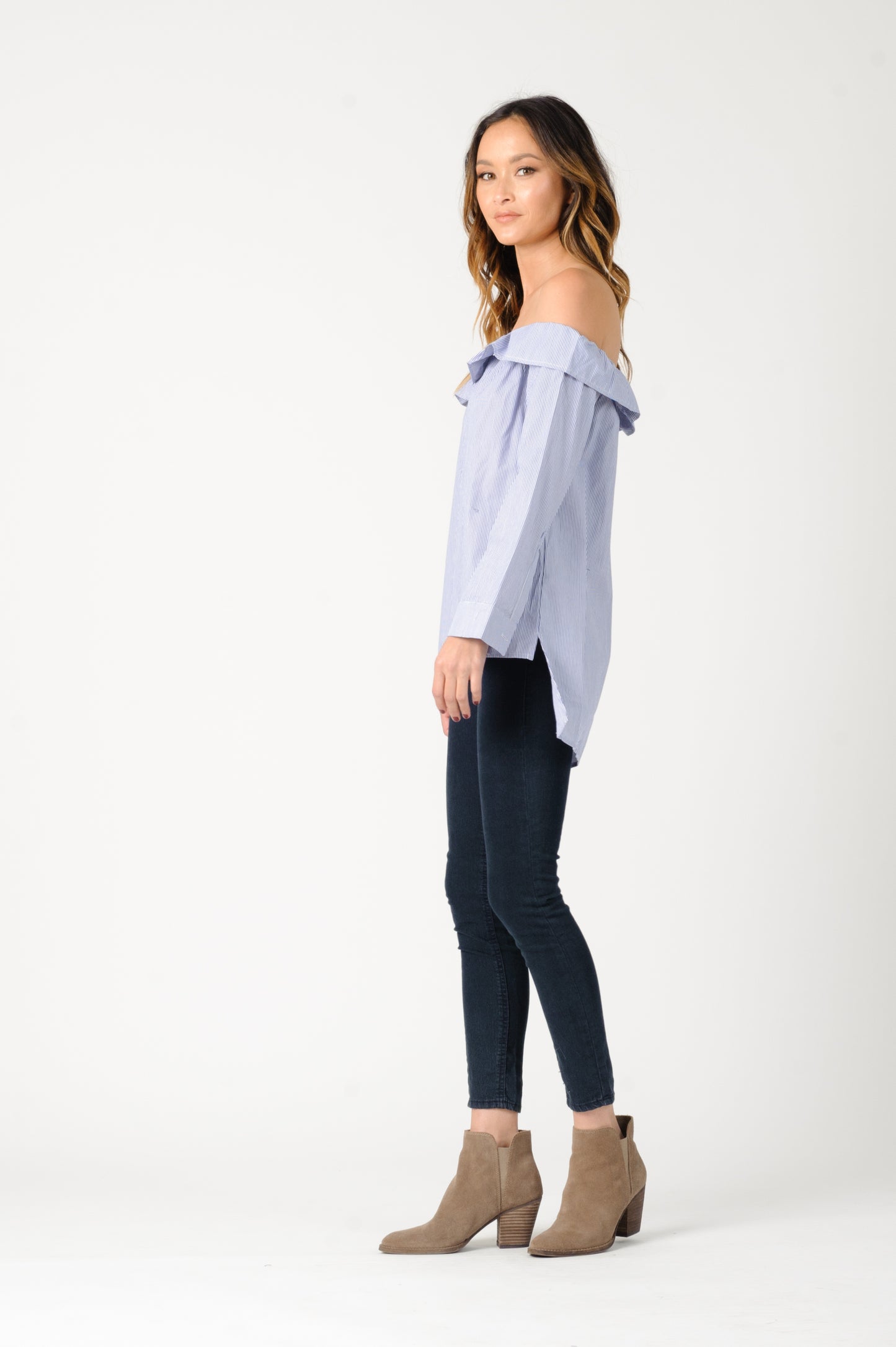 CHARLOTTE OFF SHOULDER TOP-BLUE WHITE STRIPE