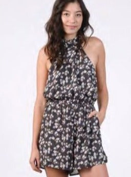 PRINTED HIGH NECK HALTER ROMPER-BLK/BLU FL