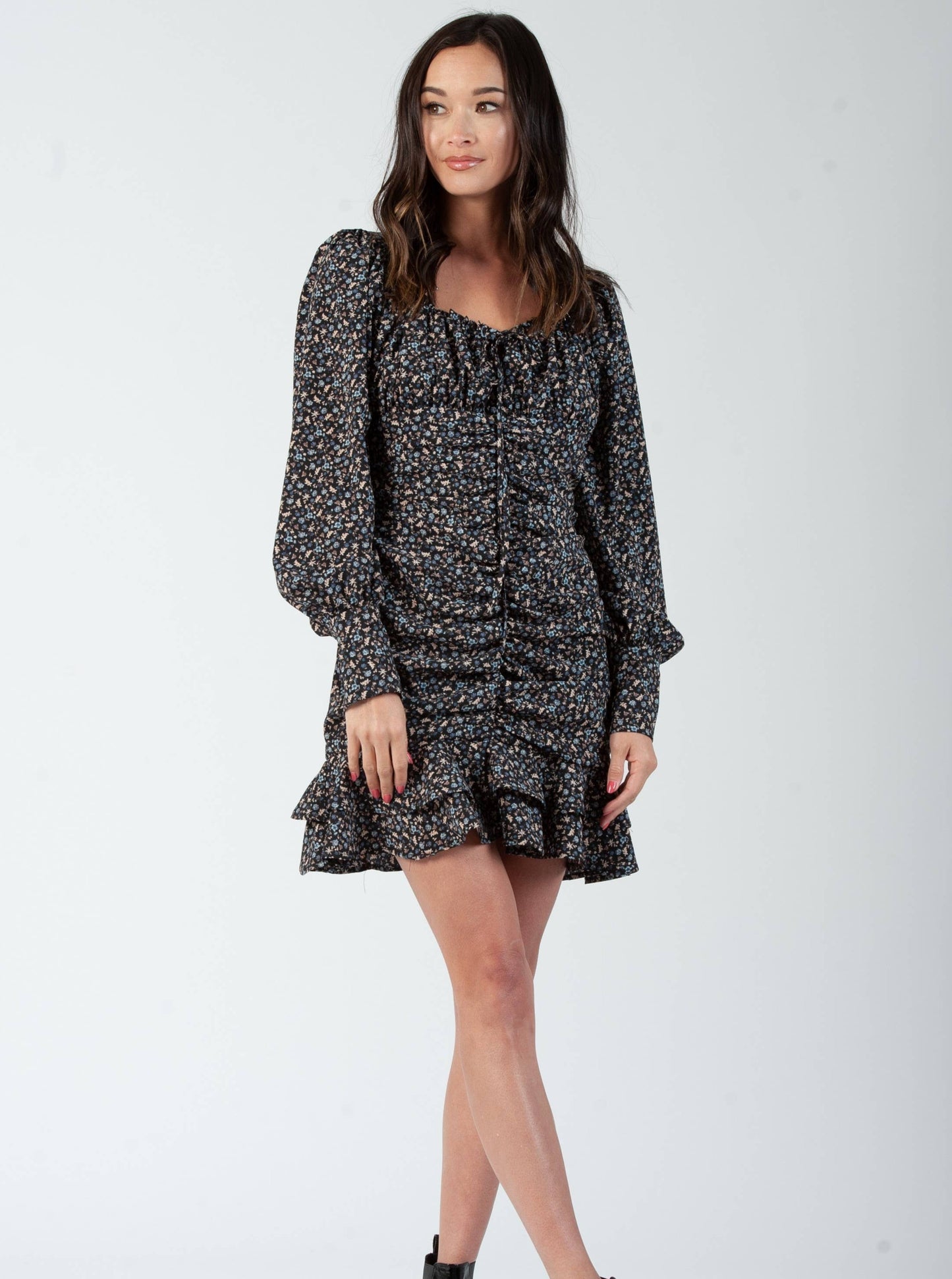 LONDON RUFFLE HEM DRESS-BLACK FLORAL