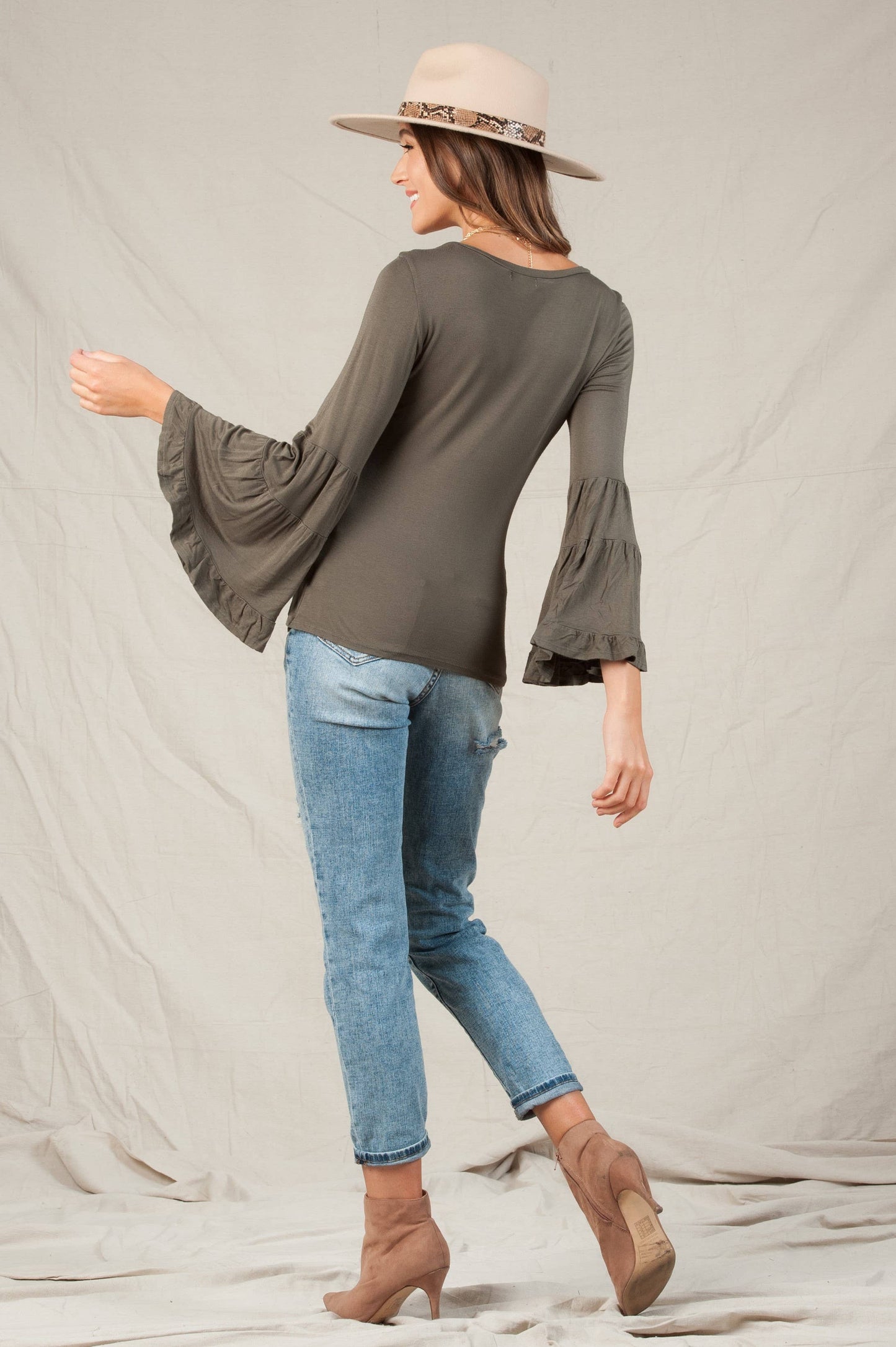 ELOISE RUFFLE SLEEVE TOP-OLIVE