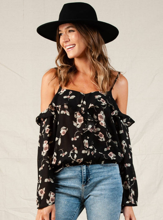 COLD SHOULDER RUFFLE TOP-BLACK FLORAL