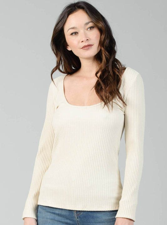 SQUARE KNIT LS RIBBED TOP-CREAM
