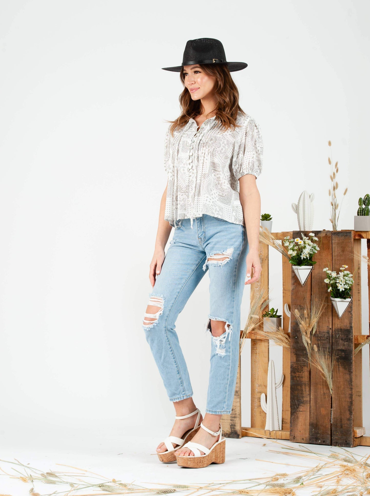 SHALA PUFF SLEEVE TOP-WHITE BANDANA