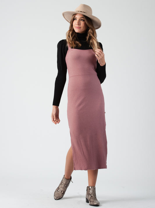 ALEXANDRIA RIBBED MIDI DRESS-MAUVE, FRONT VIEW