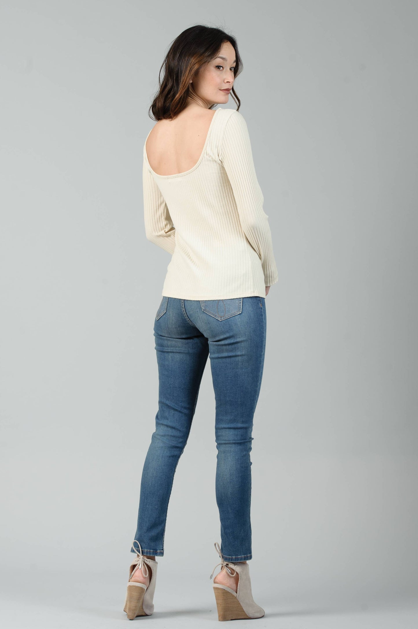 SQUARE KNIT LS RIBBED TOP-CREAM