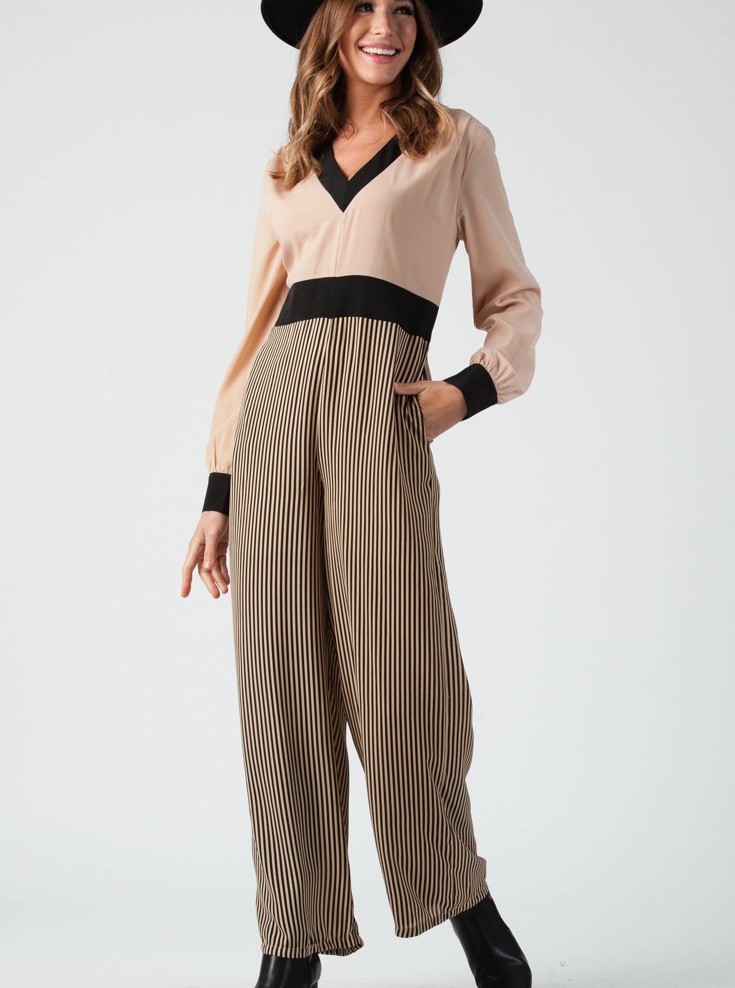 CONTRAST DEEP V JUMPSUIT-NEUTRAL STRIPE