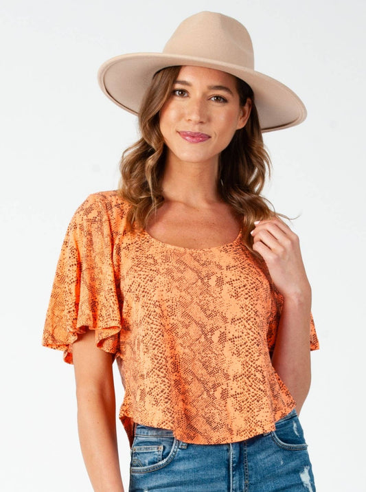 FLUTTER SLEEVE TOP-NEON ORANGE
