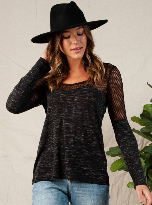 MARLED KNIT AND MESH TOP-BLACK