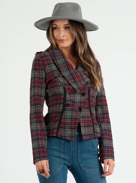 PLAID ZIP UP MOTO JACKET-CHAR/PINK