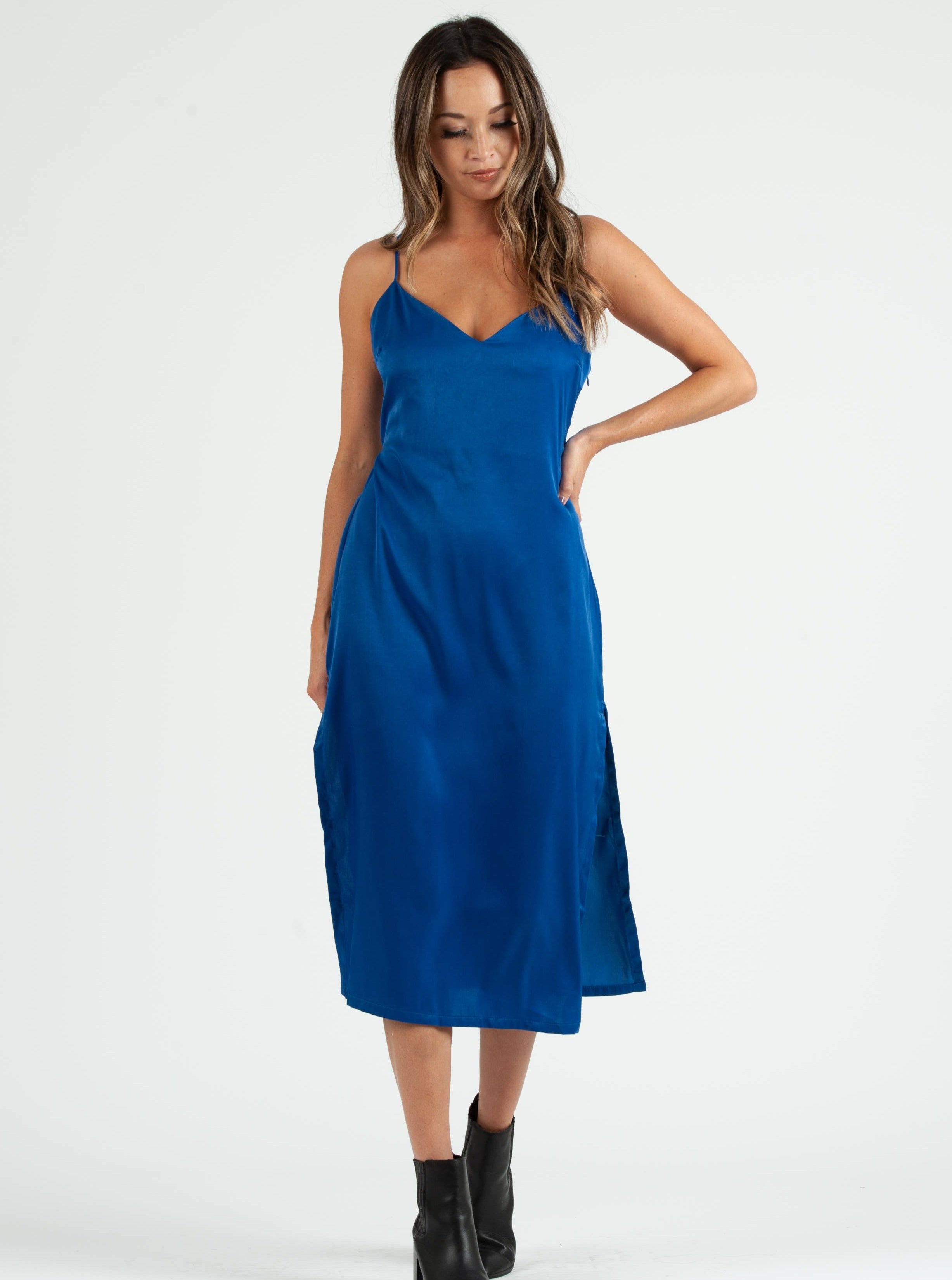SIERRA SATIN TIE BACK DRESS-ROYAL BLUE L