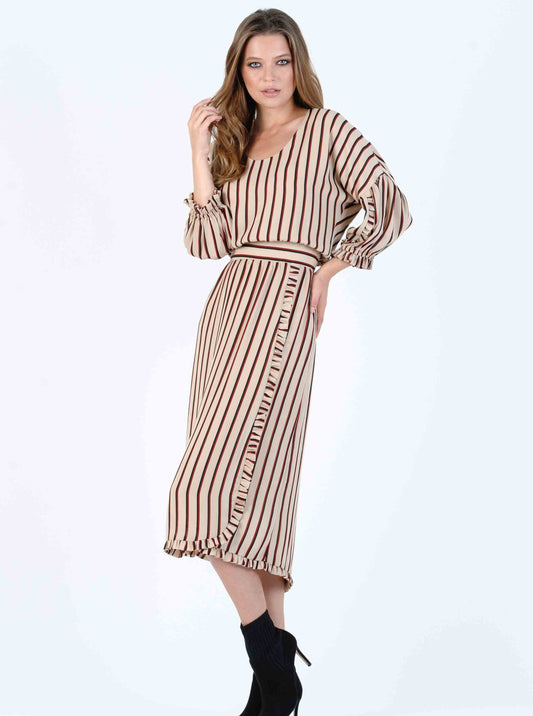 LENOX RUFFLED MAXI DRESS-TAN AUBURN STRIPE