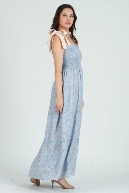 Women's Smocked Maxi Bow Tie Strap Dress