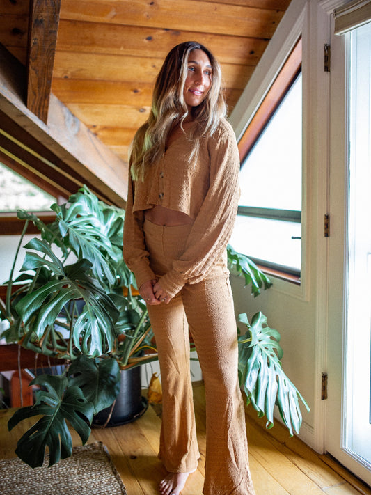 PENNY BUBBLE SMOCKED FLARES-CAMEL