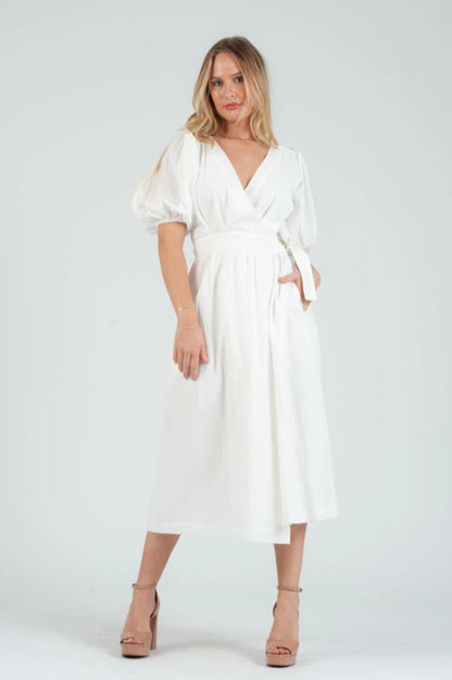Women's White Linen Wrap Midi Dress