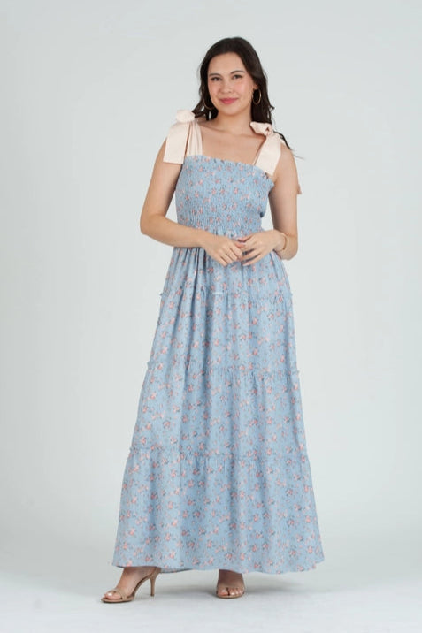 Women's Smocked Maxi Bow Tie Strap Dress