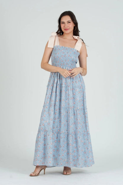 Women's Smocked Maxi Bow Tie Strap Dress