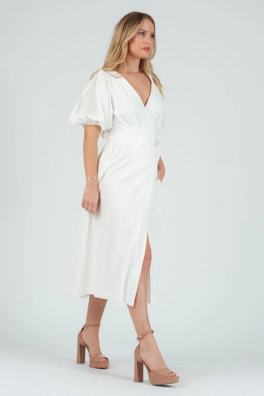 Women's White Linen Wrap Midi Dress