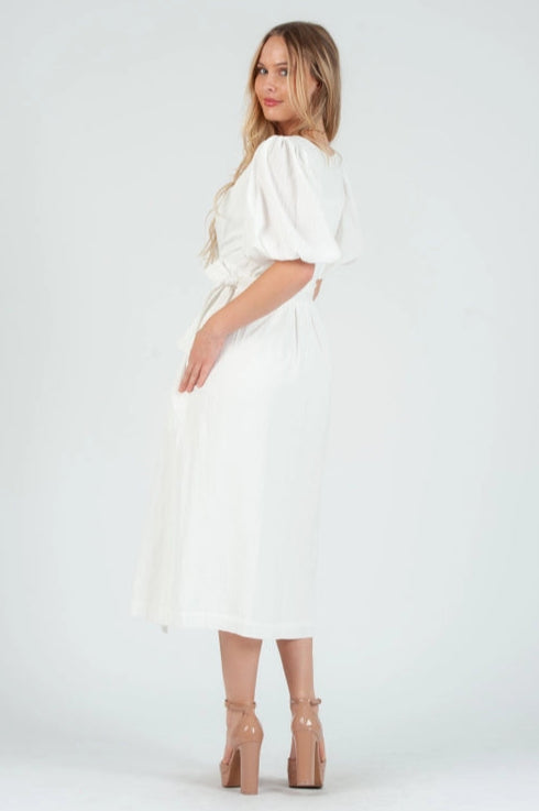 Women's White Linen Wrap Midi Dress