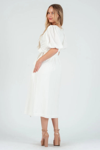 Women's White Linen Wrap Midi Dress