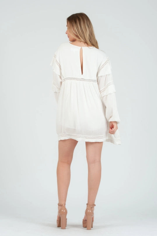 Women's Rayon White Mini Dress With Lace Inset Detail