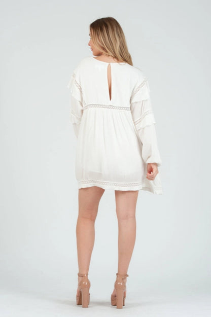 Women's Rayon White Mini Dress With Lace Inset Detail