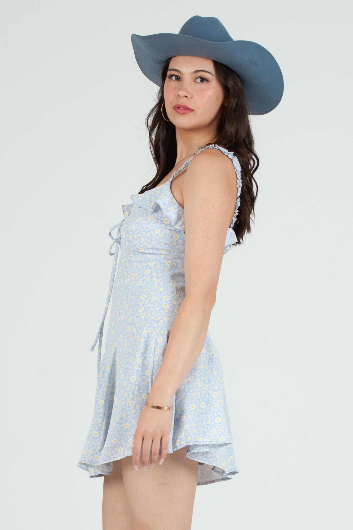blue dress with daisy print Women's Daisy Print Flare Mini Dress S