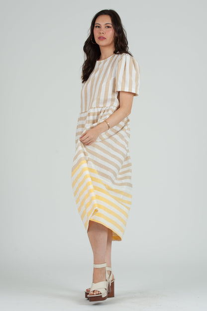 bicolor stripes organic cotton midi dress Cream/Brown Stripe Midi Dress