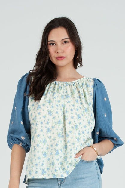 Women's Gauze Print Mix Blouse Top