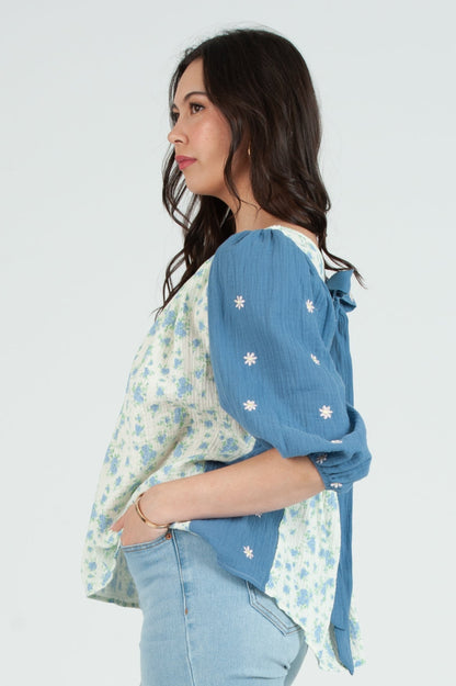 Women's Gauze Print Mix Blouse Top