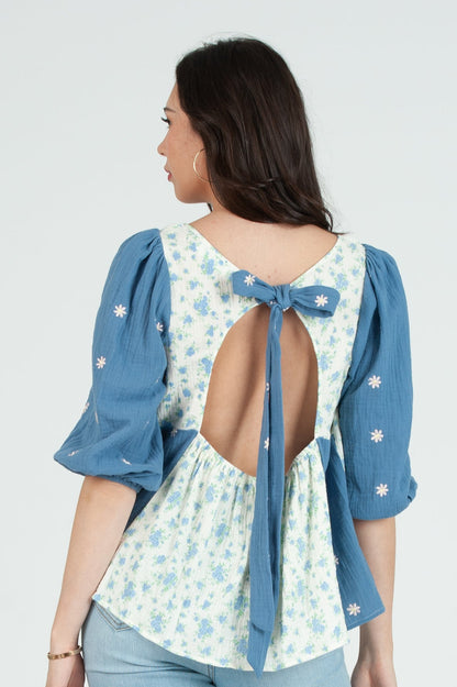 Women's Gauze Print Mix Blouse Top