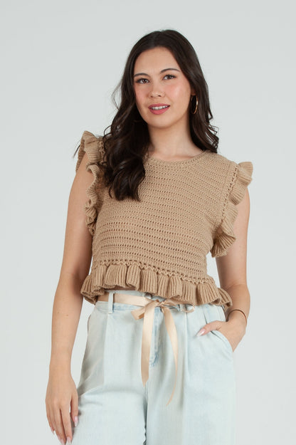 Women's Crochet Ruffle Sleeve Top