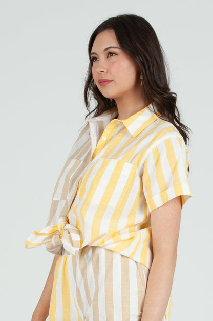 Women's Color Blocked Striped Button Down Short Sleeve Top