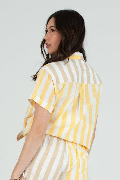 Women's Color Blocked Striped Button Down Short Sleeve Top