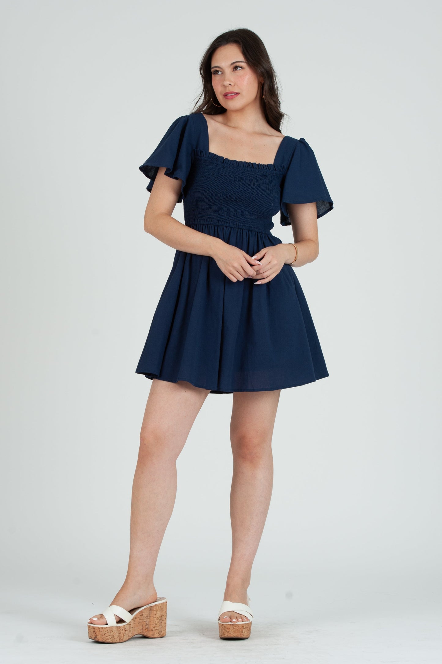 Women's Linen Flutter Sleeve Mini Dress navy / XS Women's Linen Flutter Sleeve Mini Dress navy / XS