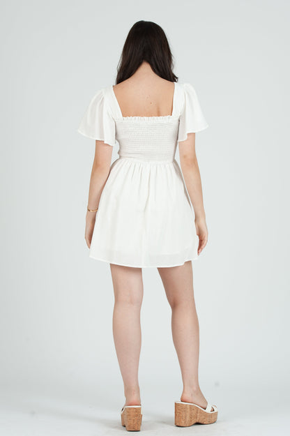 flutter sleeve white mini dress Binselle Flutter Sleeve Mini Dress True White