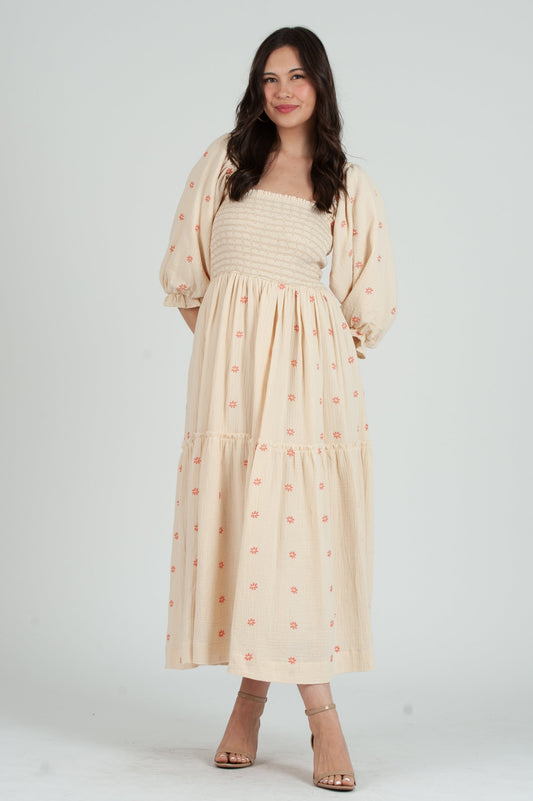 Women's Gauze Smocked Maxi Embroidered Dress