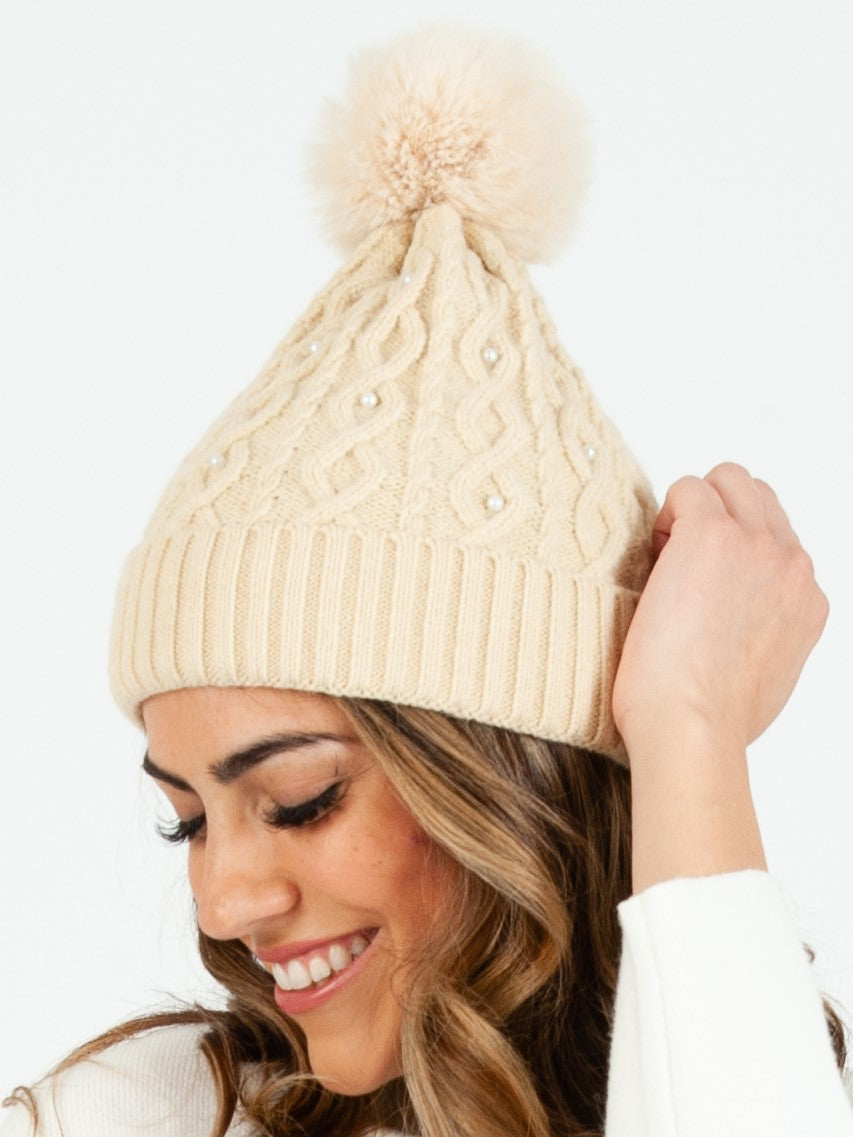 FAUX PEARL POM POM BEANIE