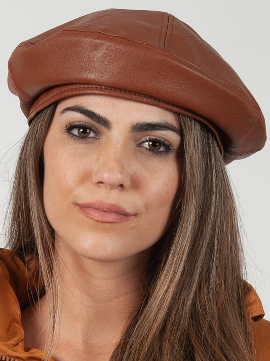 ISABEL FAUX LEATHER BERET-TOBACCO